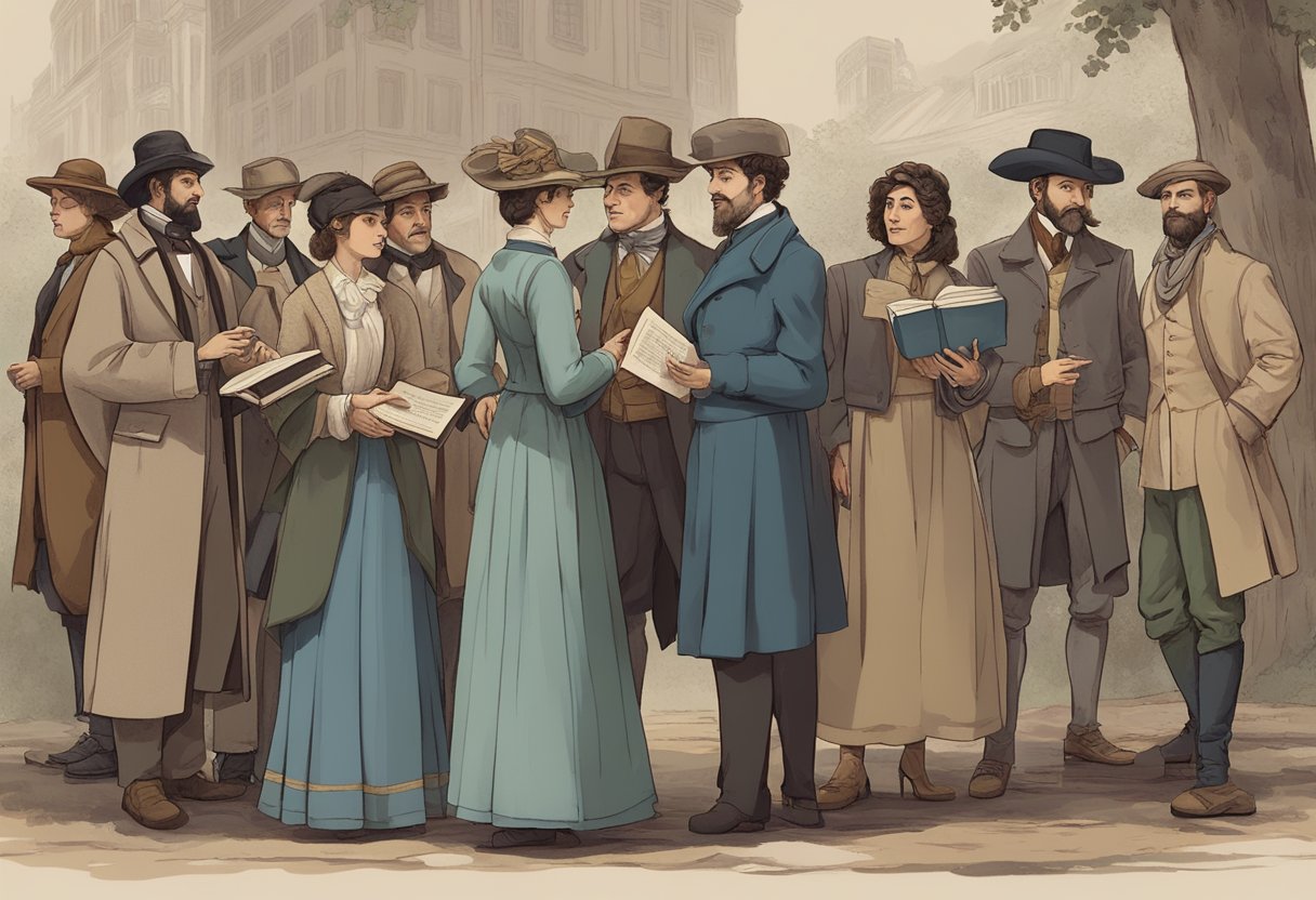 A group of people from different historical eras stand together, each holding a book of quotes about untrue friends. They are deep in conversation, gesturing and sharing their perspectives