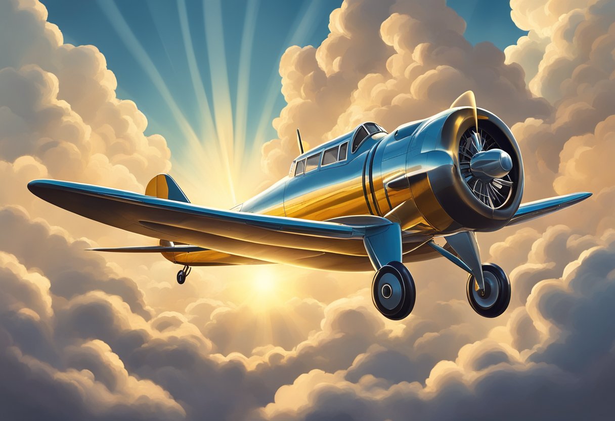 A vintage airplane soaring through a cloudy sky, with the sun casting a warm glow on the wings