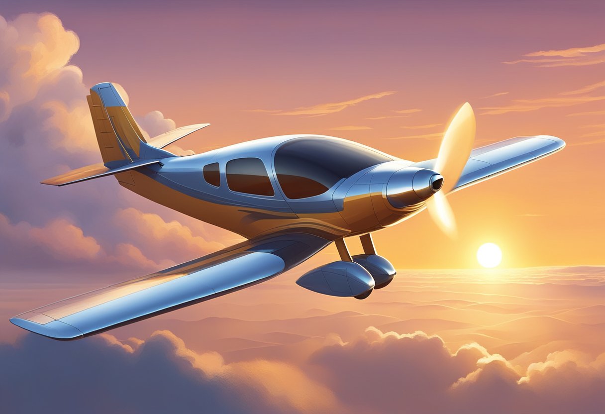 A small plane flying over a vast landscape, with the sun setting in the distance, casting a warm glow on the horizon