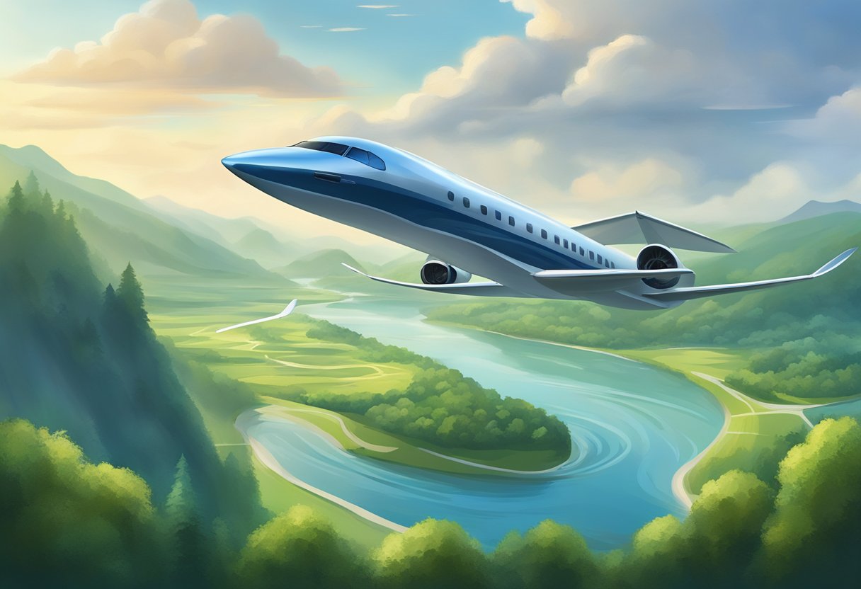 A sleek airplane soars gracefully above a serene landscape, surrounded by lush greenery and flowing rivers, symbolizing the delicate balance between technology and nature