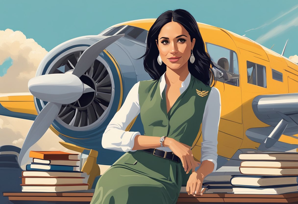 Meghan Markle surrounded by aviation-themed books and models, gazing at a vintage airplane poster with a look of fascination and wonder