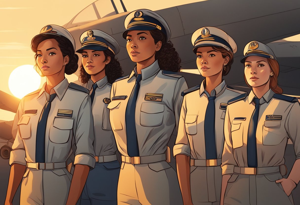 A diverse group of women in aviation uniforms stand together, facing the horizon with determination and confidence. The sun sets behind them, casting a warm glow over the scene