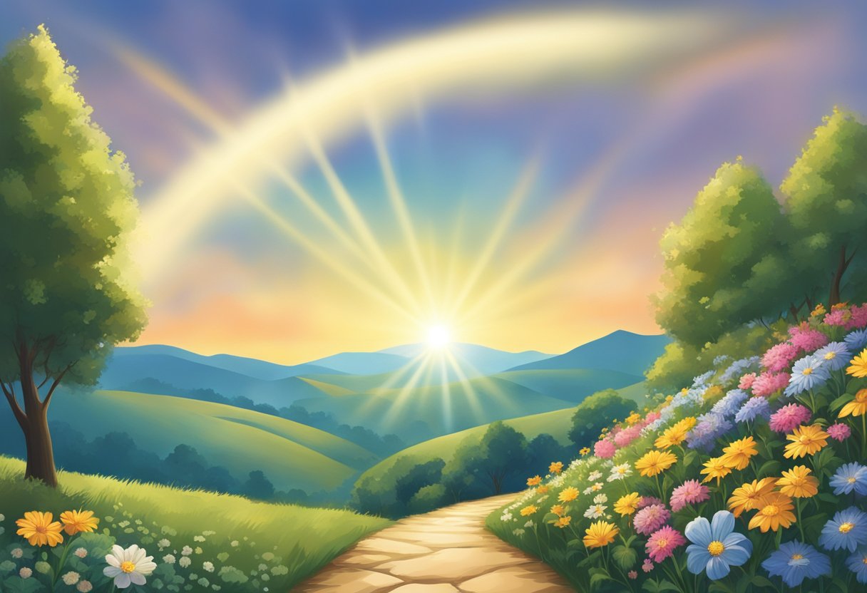 A beam of light shining on a path with flowers and a clear sky, representing the concept of doing the right thing as mentioned in quotes from the Bible