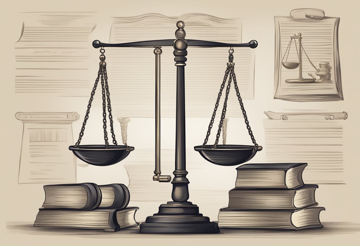 A scale with equal weights, a gavel, and a scroll with the words "justice" and "righteousness" written on it