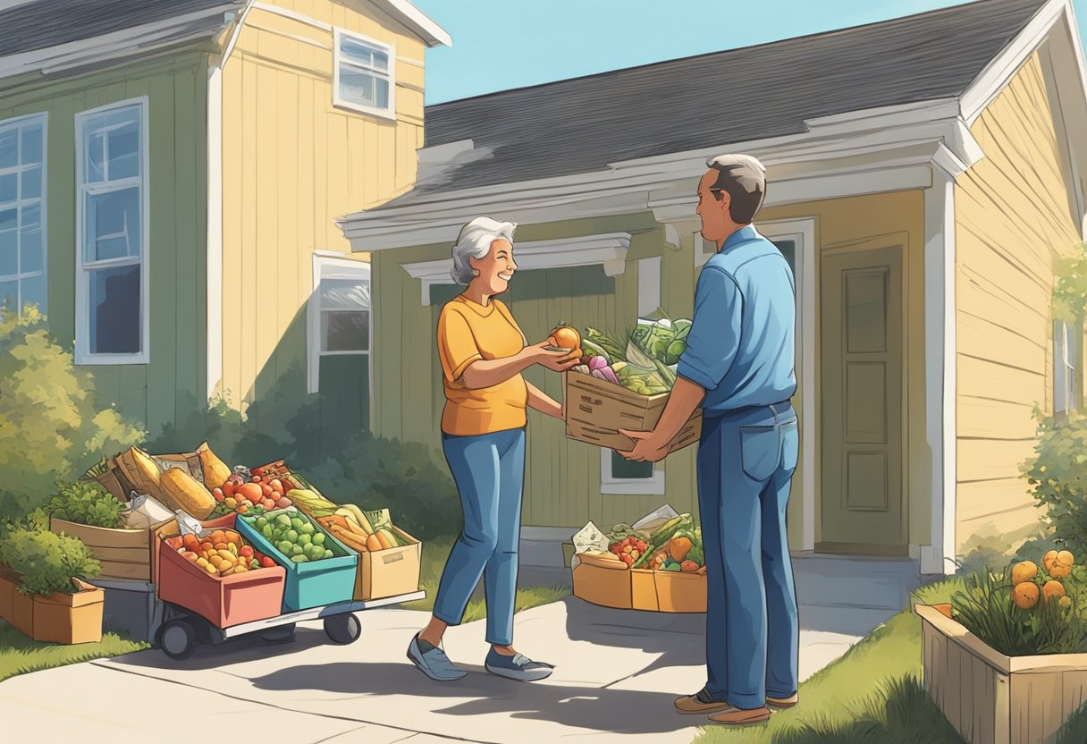 A figure helping a neighbor with groceries, while another donates food to the needy. The sun shines down on their acts of kindness