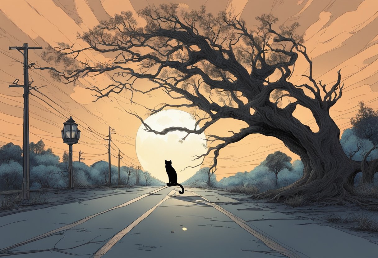 A broken mirror reflects a black cat crossing a deserted street under a full moon, while a single crow perches on a gnarled tree branch