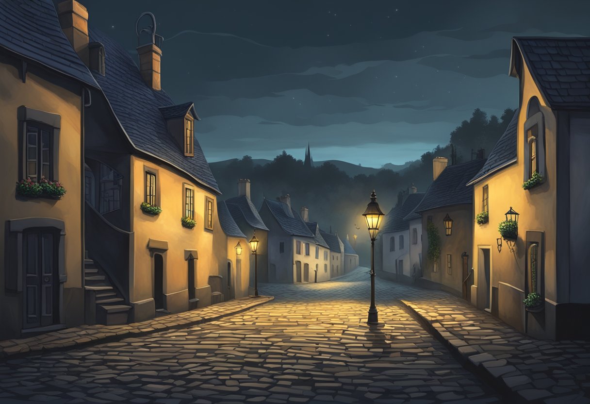 A dark, ominous sky looms over a small village, casting long shadows on the cobblestone streets. A clock strikes midnight, signaling the impending tragedy