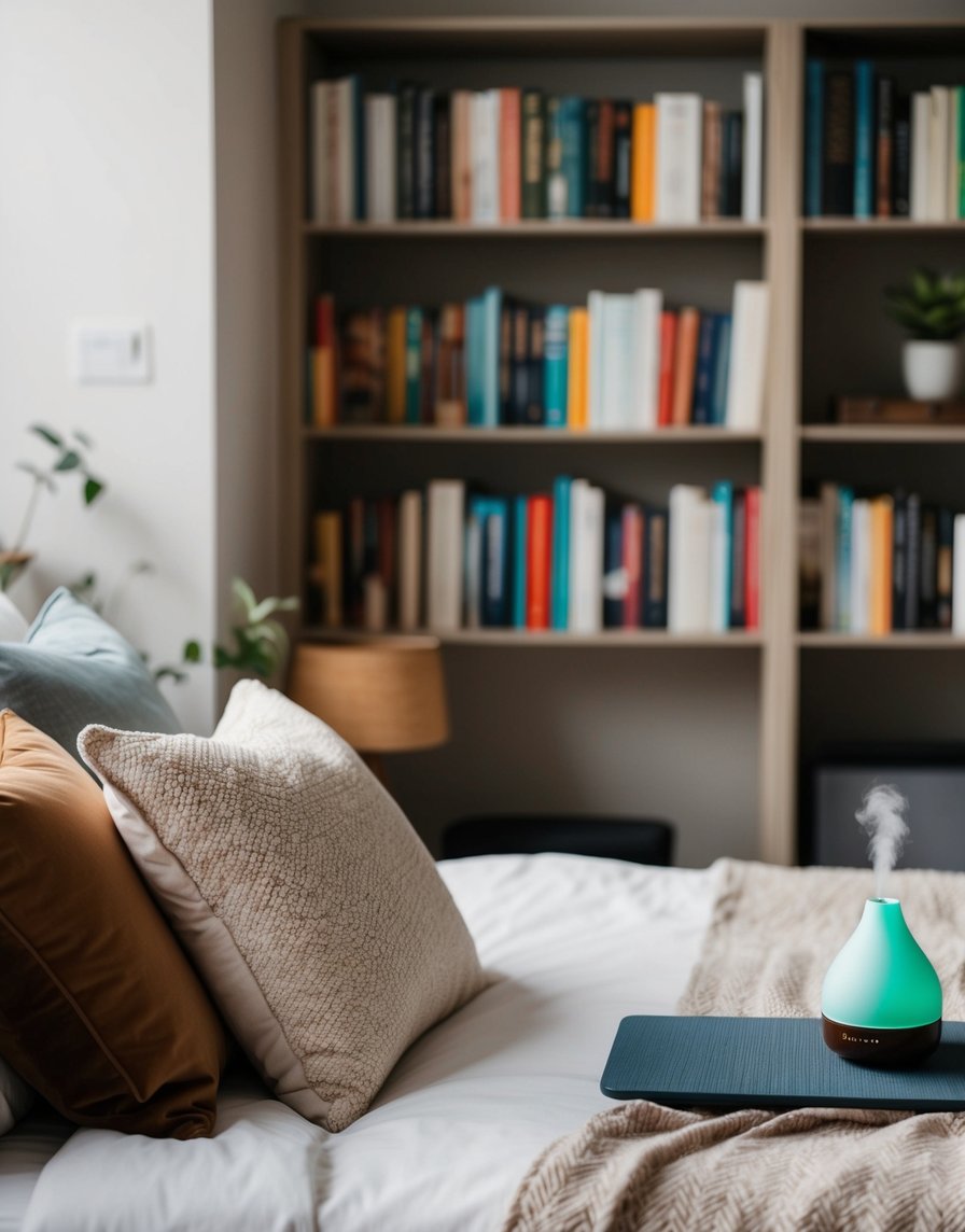 A cozy bedroom with a neatly made bed, soft pillows, and a warm blanket. A bookshelf filled with interesting reads, a yoga mat, and a soothing essential oil diffuser