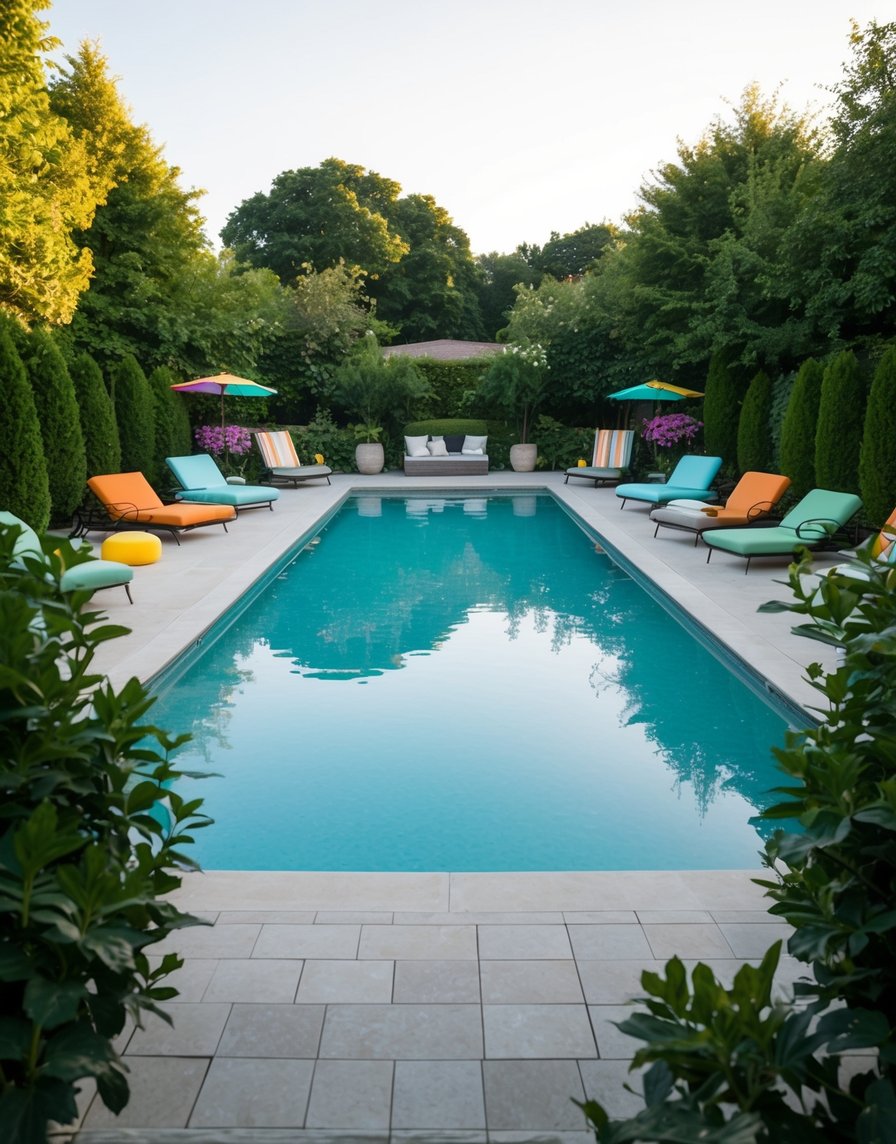 A serene, crystal-clear swimming pool surrounded by lush greenery, with a few colorful pool floats and lounge chairs scattered around the deck