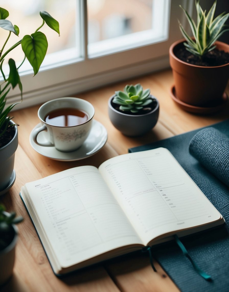 A journal lays open on a wooden table, surrounded by a cup of tea, potted plants, and a yoga mat. The scene is peaceful and inviting, with soft natural light streaming in through a nearby window