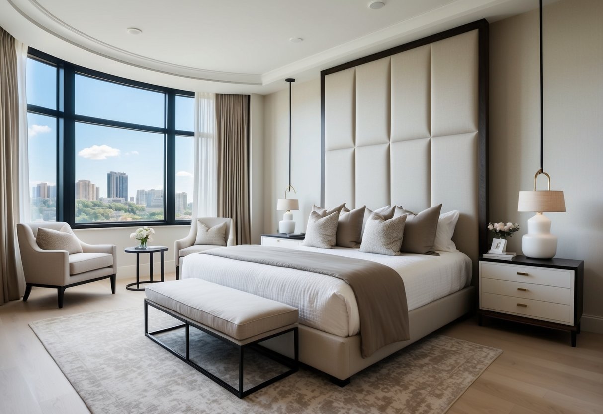 A spacious bedroom with a large window, a cozy reading nook, and a king-sized bed with a stylish headboard. The room is decorated with modern furniture and soft, neutral colors