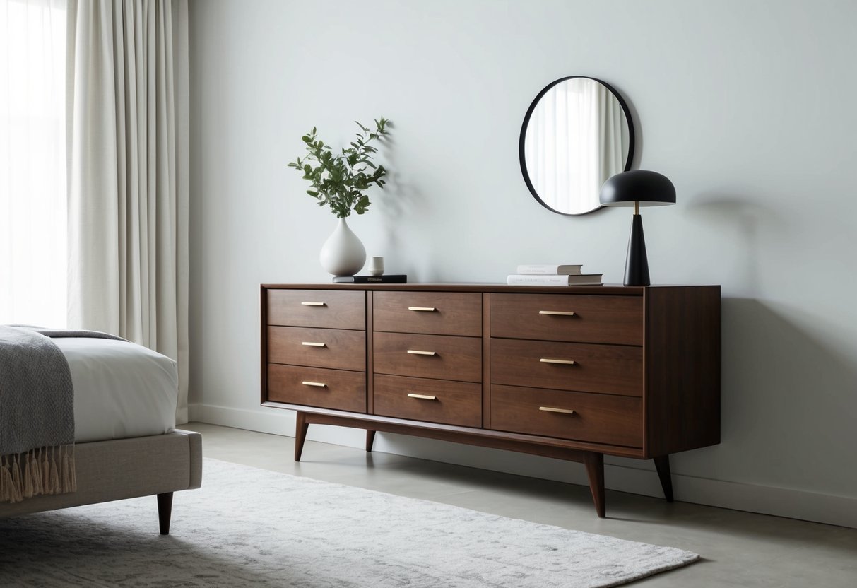 A sleek Mid-Century Modern dresser sits against a wall in a stylish bedroom, surrounded by minimalist decor and clean lines