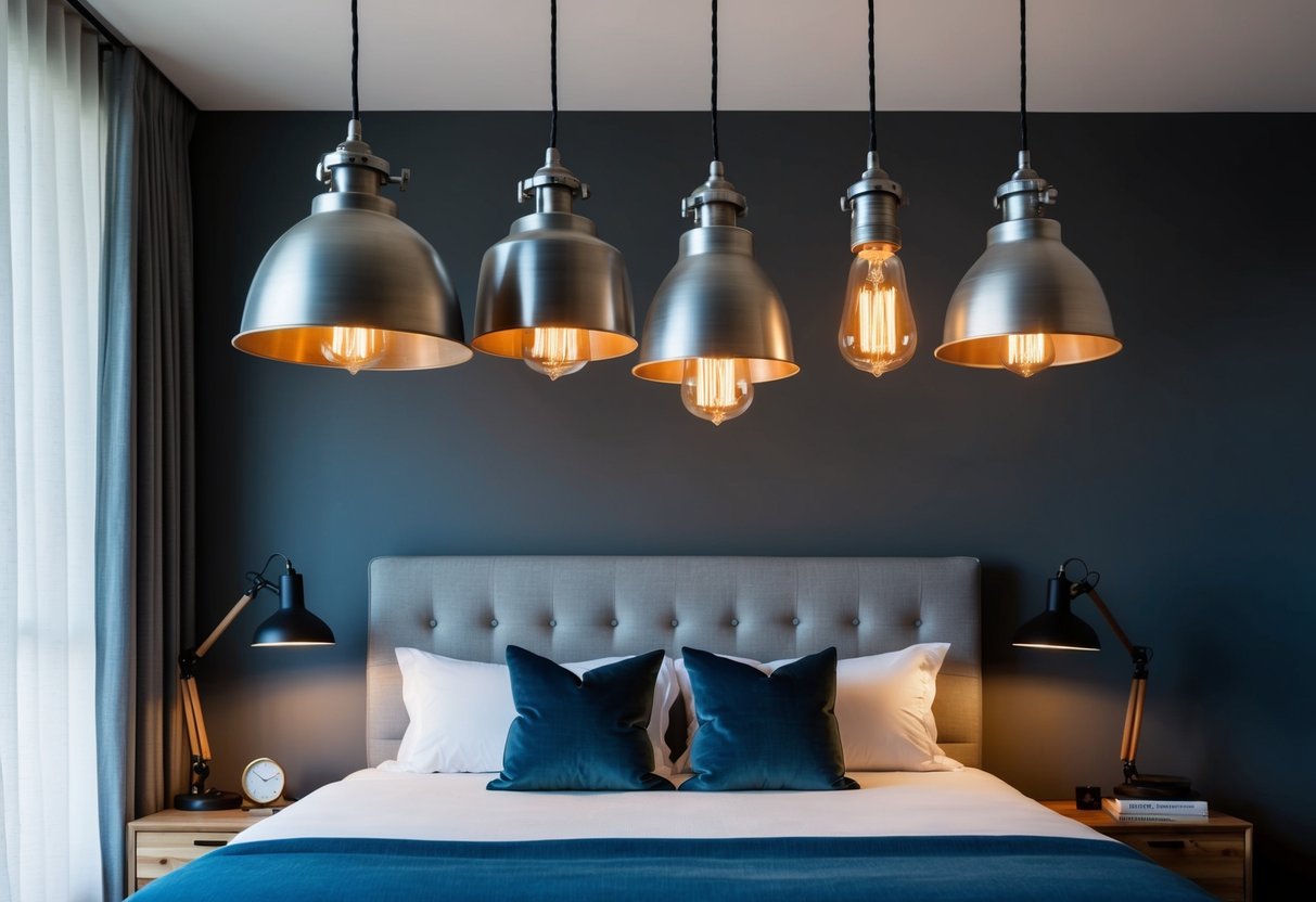 Industrial pendant lights hang above a variety of bedroom layouts, including modern, minimalist, and rustic designs