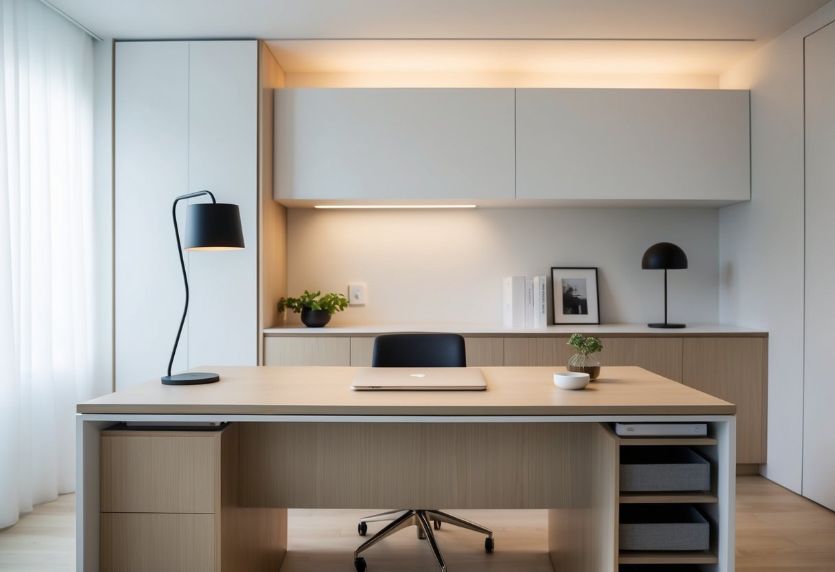 A sleek, uncluttered desk with simple decor and functional storage. Light wood and neutral tones dominate the space, with a focus on clean lines and minimalistic design