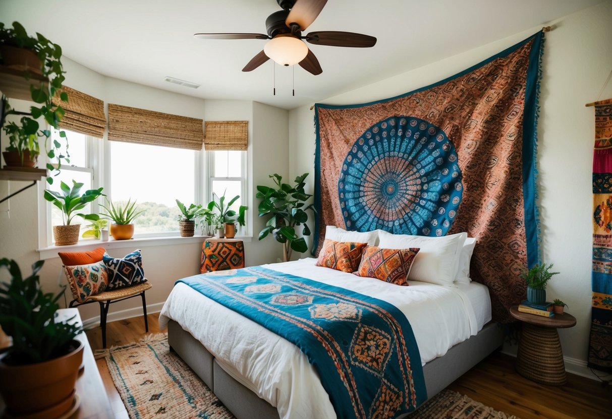 A cozy bedroom with a large bohemian wall tapestry as the focal point. The room features a mix of colorful patterns, plants, and eclectic decor