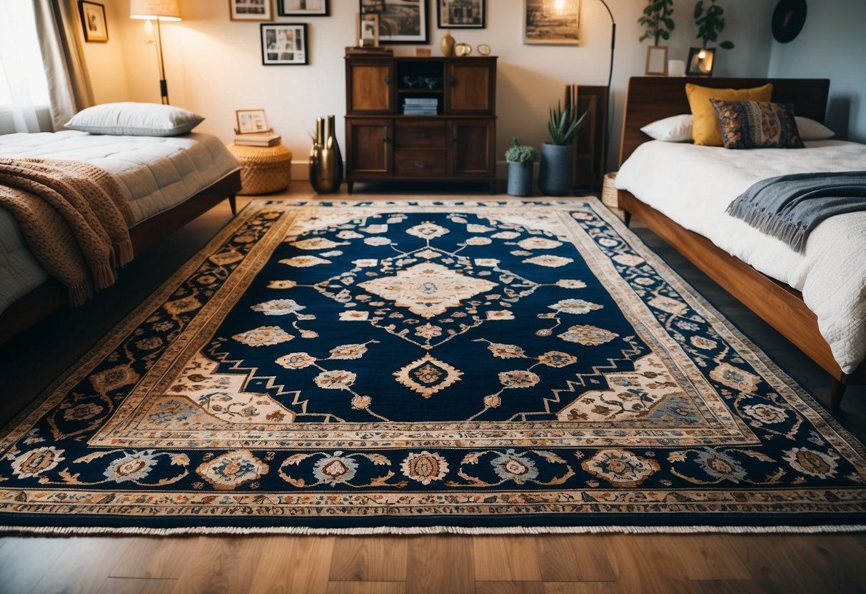 A vintage patterned area rug sits in the center of a cozy bedroom, surrounded by various layout options and decor ideas