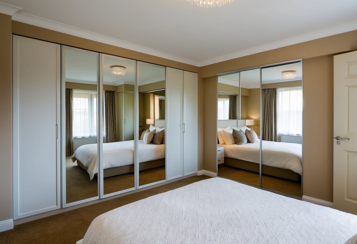 A spacious bedroom with a built-in wardrobe featuring mirrored doors. The room is well-lit and neatly organized, with a cozy and inviting atmosphere