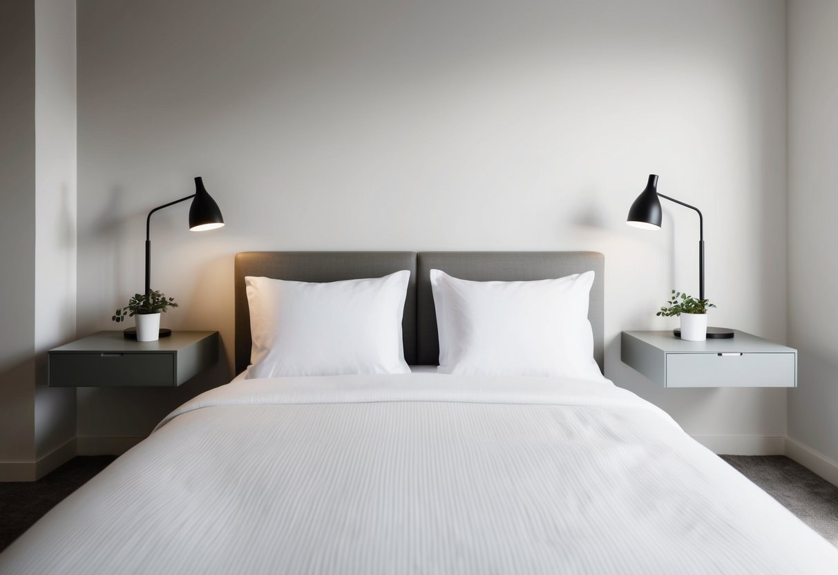 Two floating nightstands flank a modern bed in a minimalist bedroom with clean lines and neutral colors. A sleek lamp and a small plant sit atop each nightstand