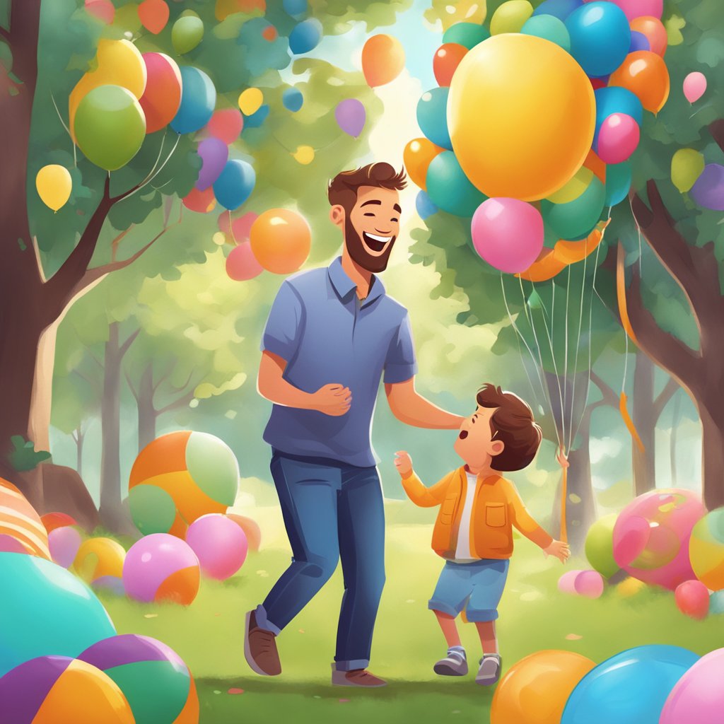 A father and child laughing and playing together in a park, surrounded by colorful toys and balloons