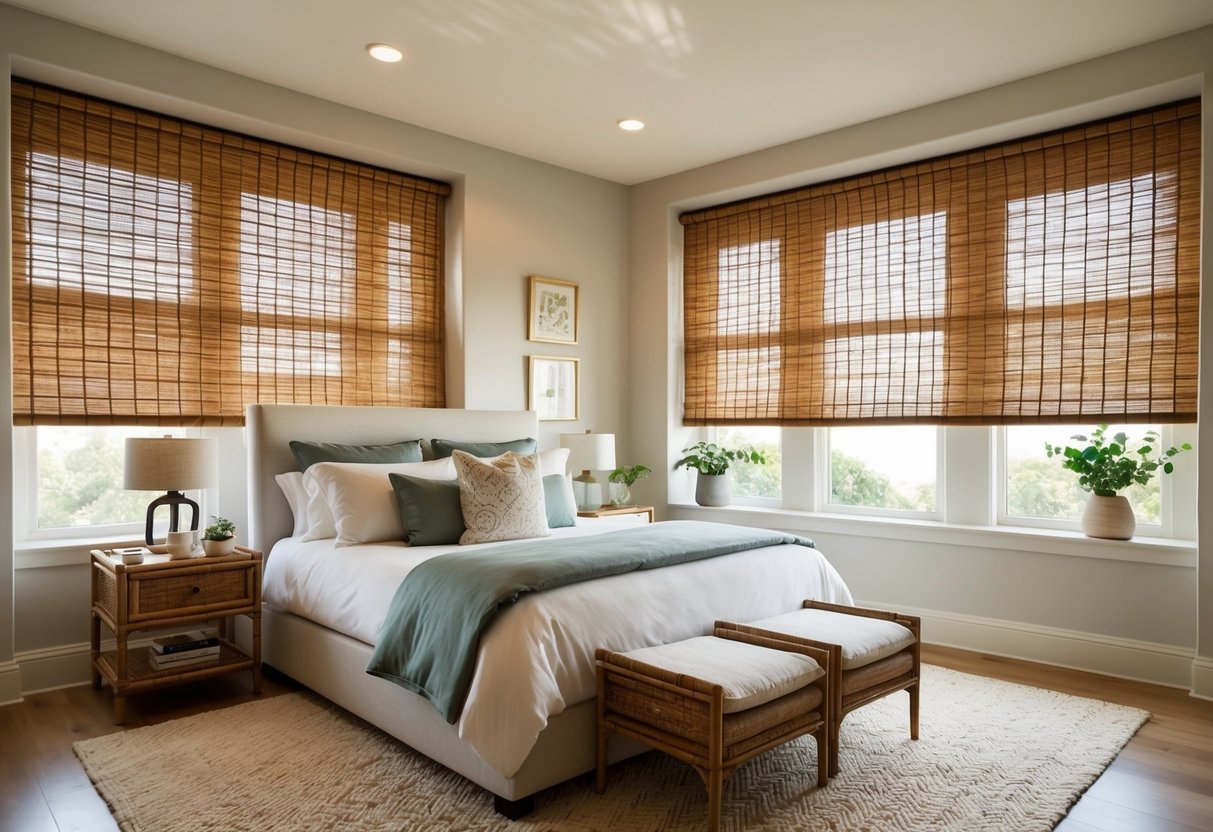 A cozy bedroom with bamboo roller blinds, soft lighting, and various layout options for furniture and decor