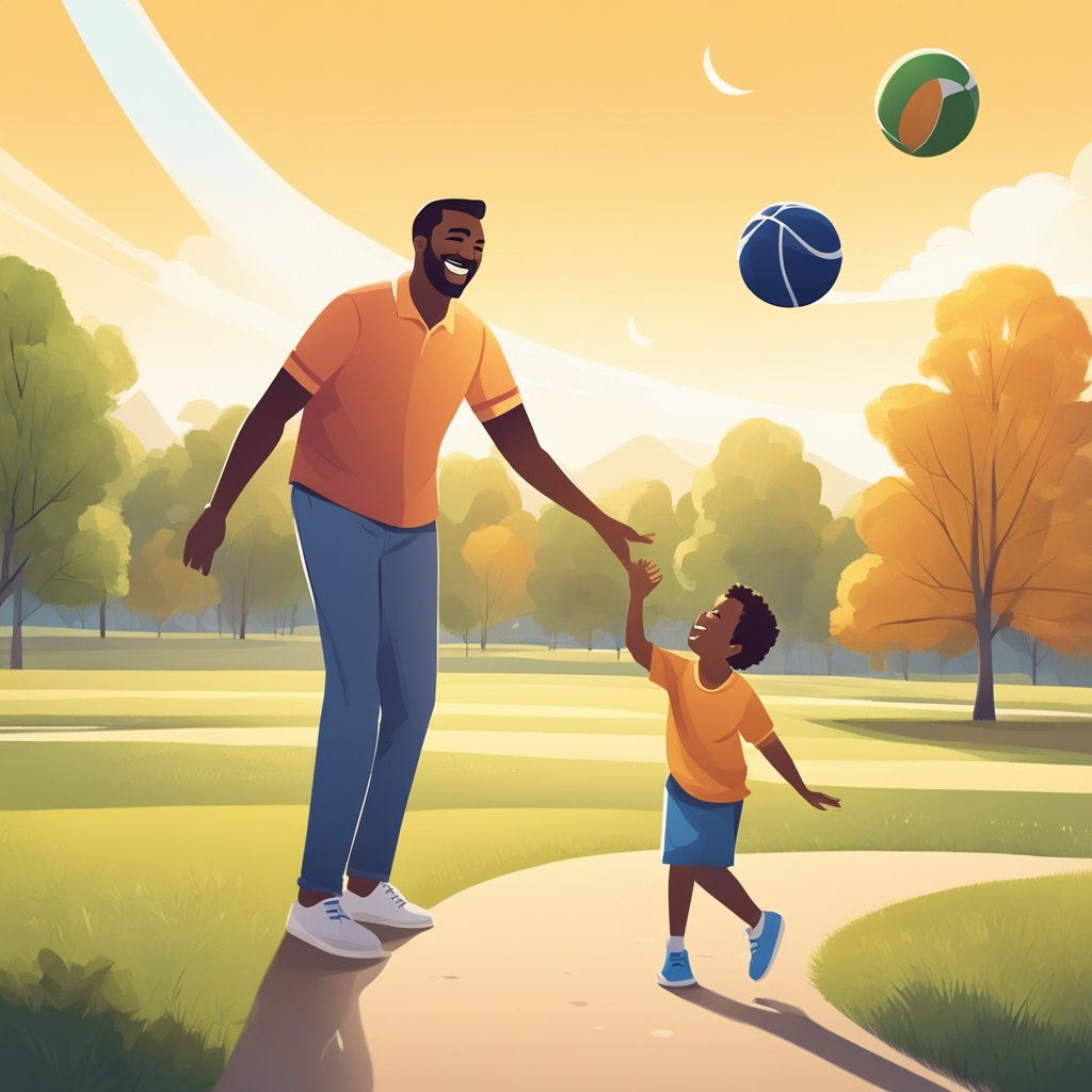 A father and child laugh while playing catch in the park, enjoying quality time together. The sun shines down on them as they bond over a shared love for sports