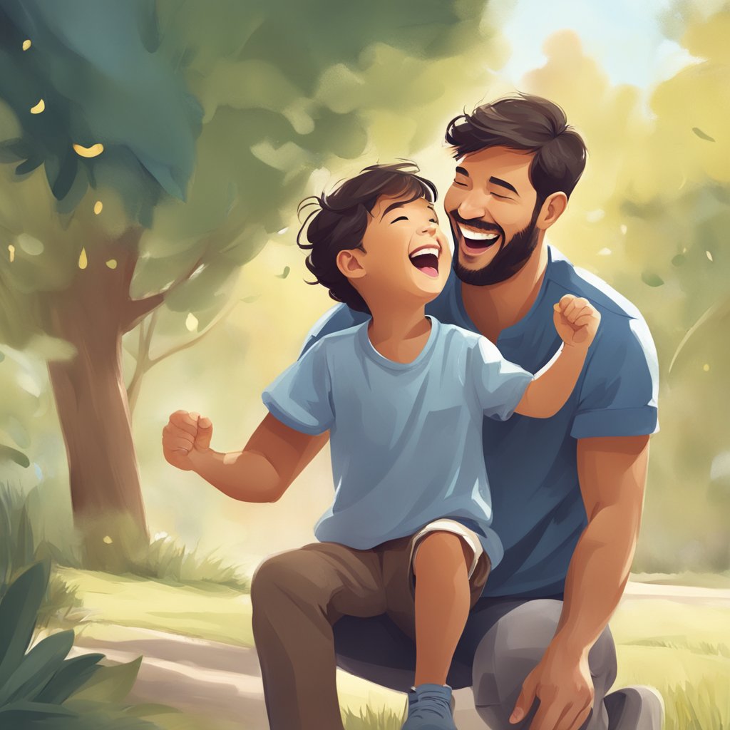 A father and child laughing and playing together, enjoying a fun and joyful moment