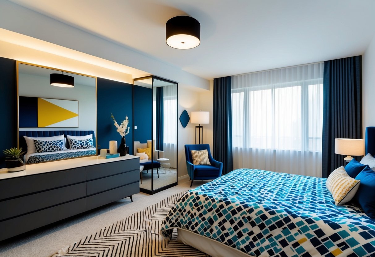 A bedroom with a geometric print bedspread, surrounded by modern furniture and decor. The layout includes various design options for inspiration