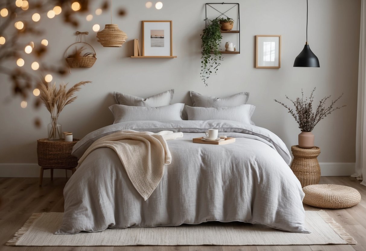 A cozy bedroom with soft linen bedding set, featuring 20 different layout ideas for the room