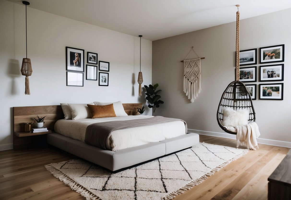 A cozy bedroom with a mix of modern and bohemian decor. A low platform bed with neutral bedding, a hanging chair, and a gallery wall of personal artwork