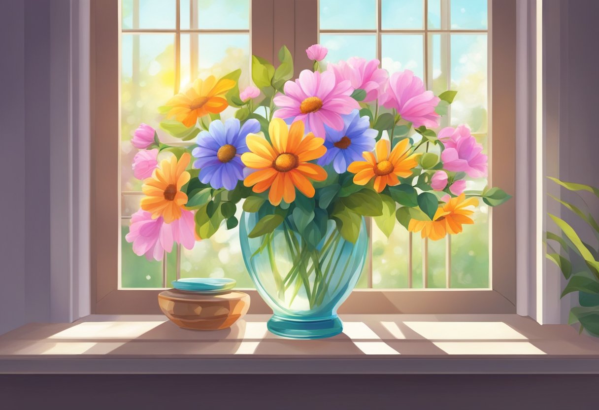 A vase of vibrant flowers sits on a windowsill, sunlight streaming through the petals. The room is filled with the sweet scent of blossoms