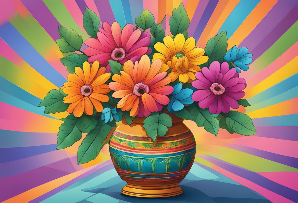 Vibrant flowers in a traditional Indian vase, set against a colorful backdrop