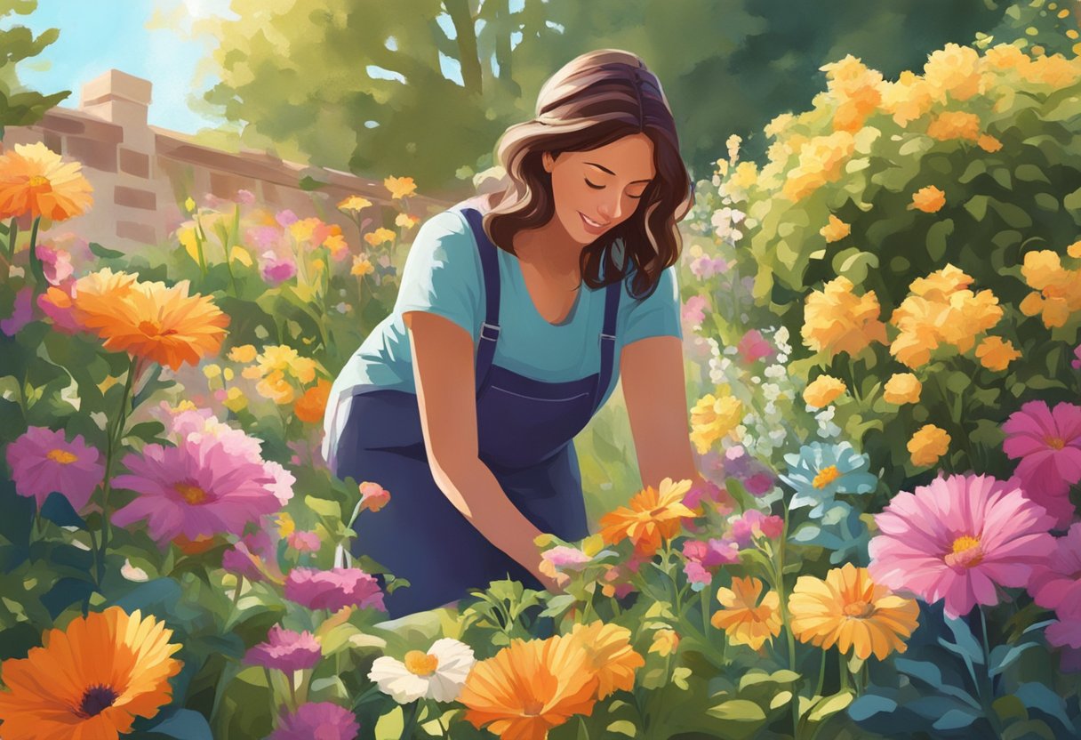 A woman tends to vibrant flowers in a sunlit garden