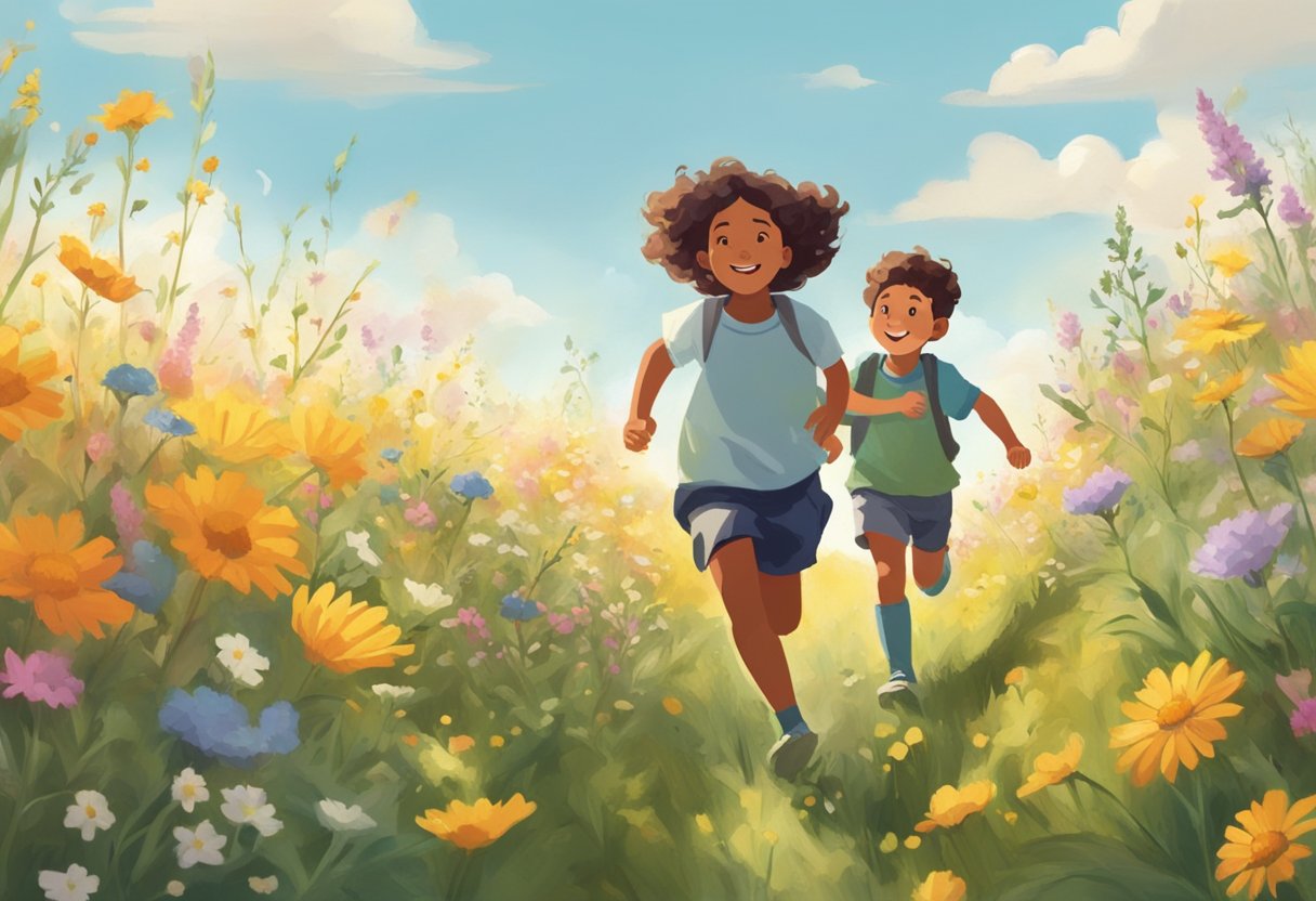 A child runs through a field of wildflowers, while their parents watch from a distance, smiling and giving them space to explore