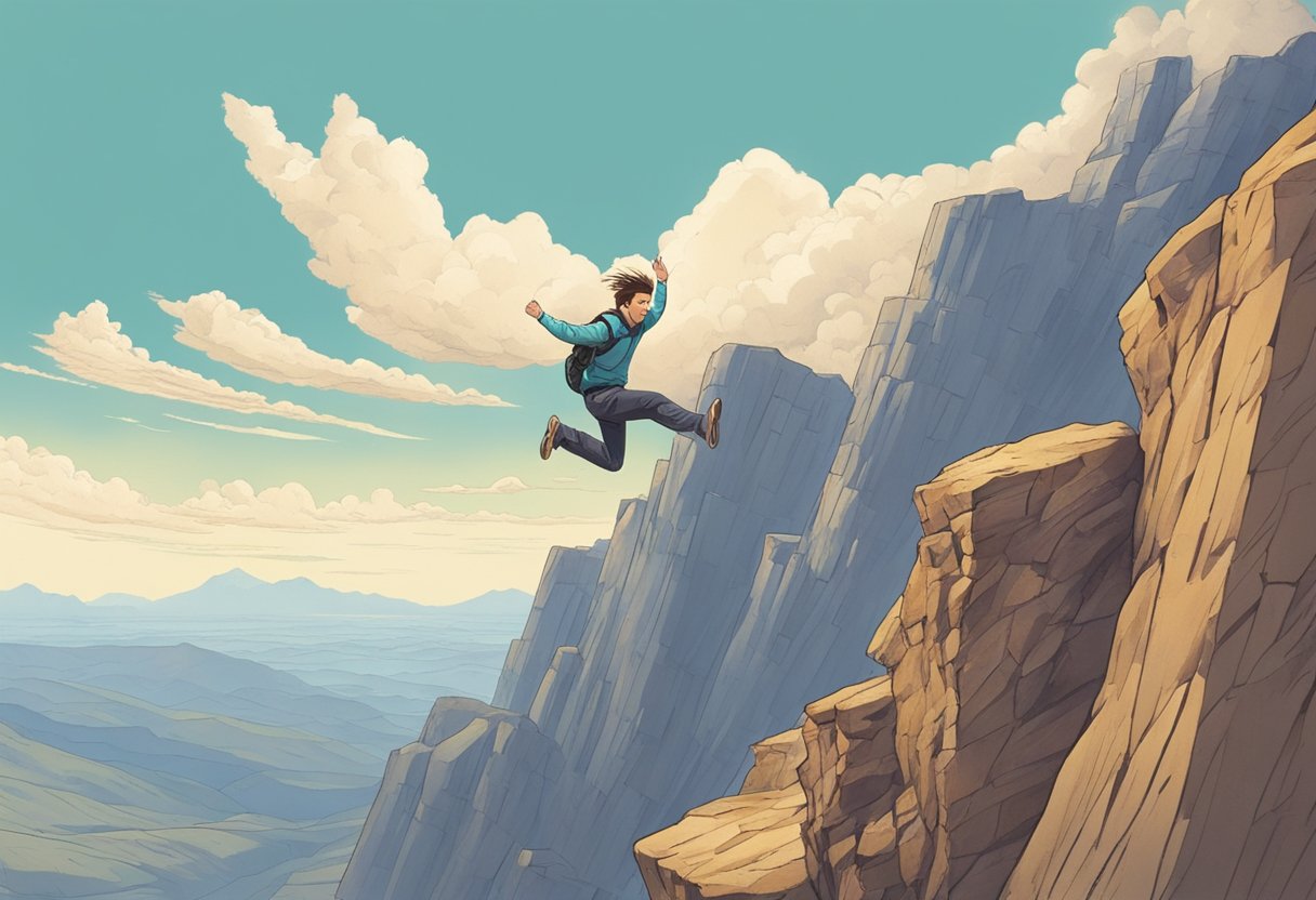 A figure jumping off a cliff into a vast, open sky, with a look of exhilaration on their face