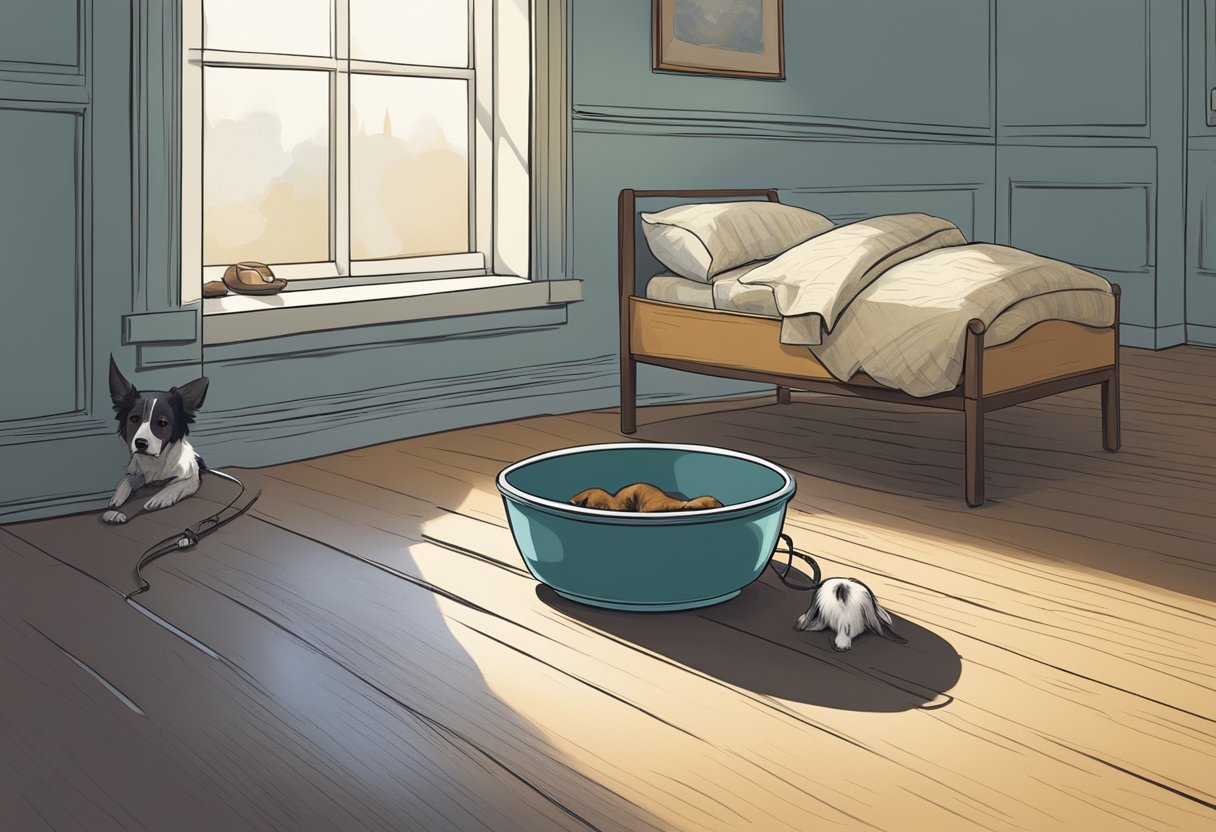 A dog's empty bed, a worn-out leash, and a bowl left untouched. A somber figure standing alone in a quiet, empty room