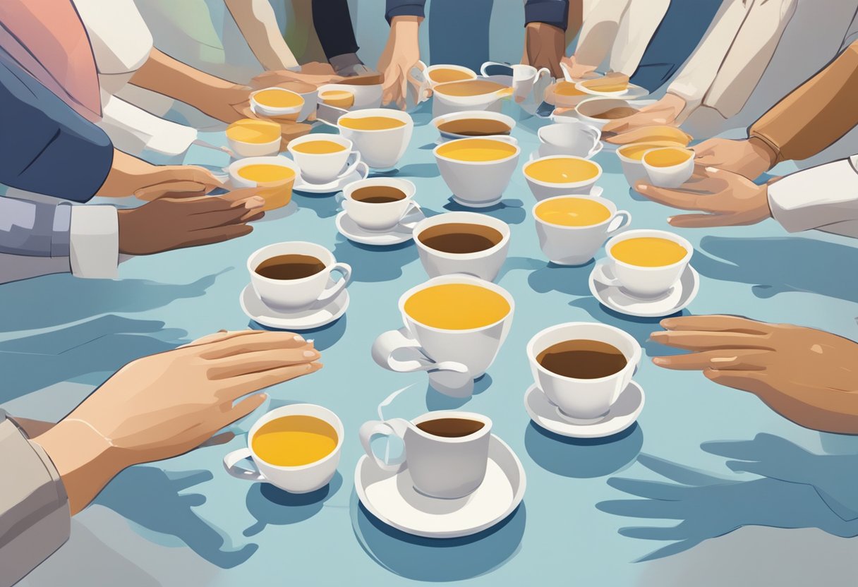 A table with various sized cups arranged in a row, each one overflowing with liquid. Surrounding the table are people with outstretched arms, ready to receive the overflowing cups