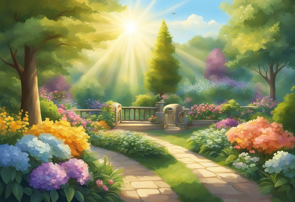 A serene landscape with a radiant sun shining down on a tranquil garden, where flowers bloom and birds sing, evoking a sense of peace and spiritual enlightenment