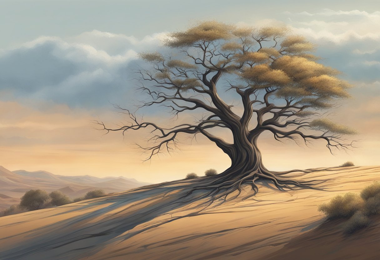 A lone tree stands tall amidst a barren landscape, its branches twisted but unyielding against the wind. The iron will of nature is evident in the tree's resilience