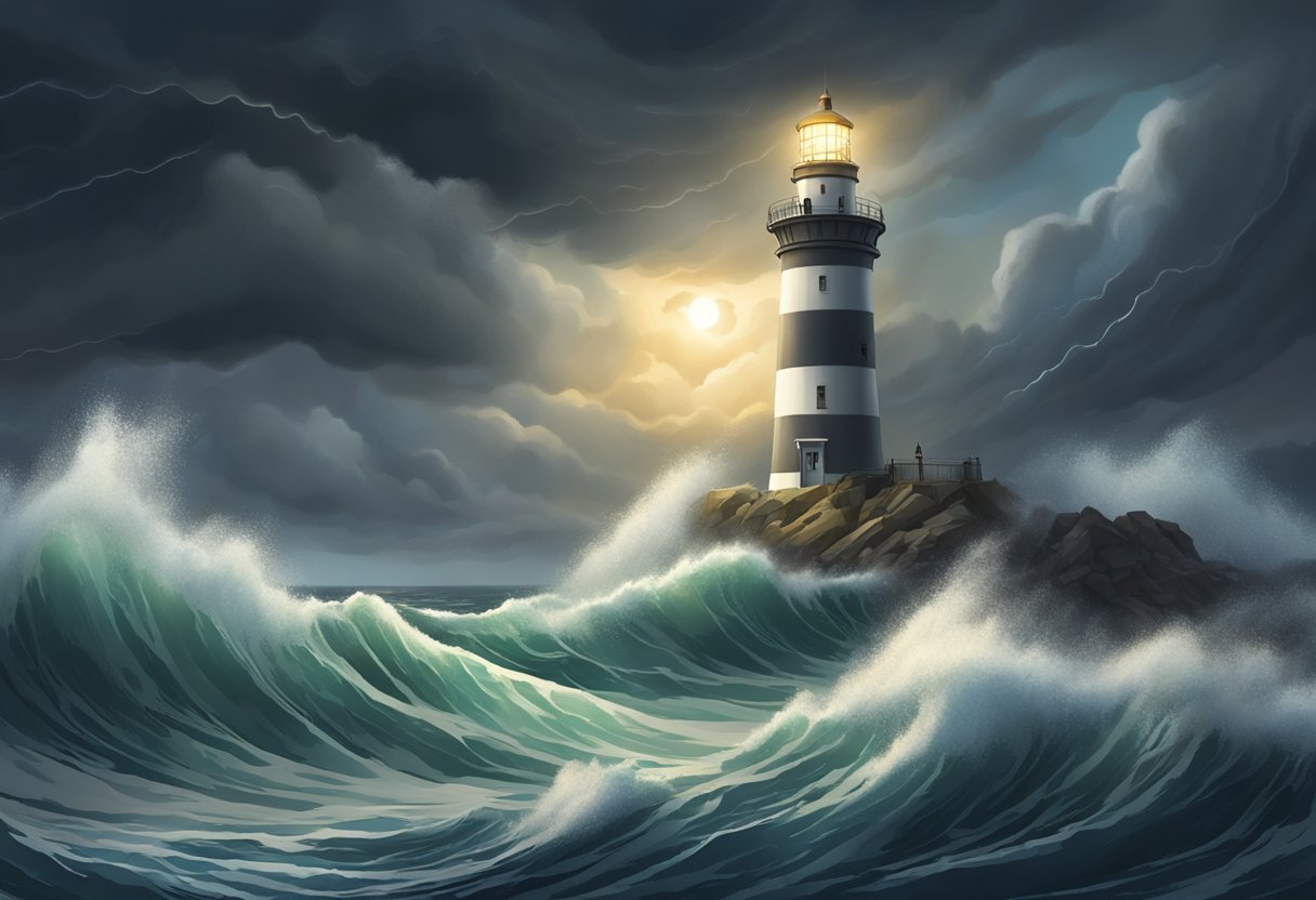 A lighthouse stands tall amidst crashing waves and dark storm clouds, its beacon cutting through the chaos with a guiding light