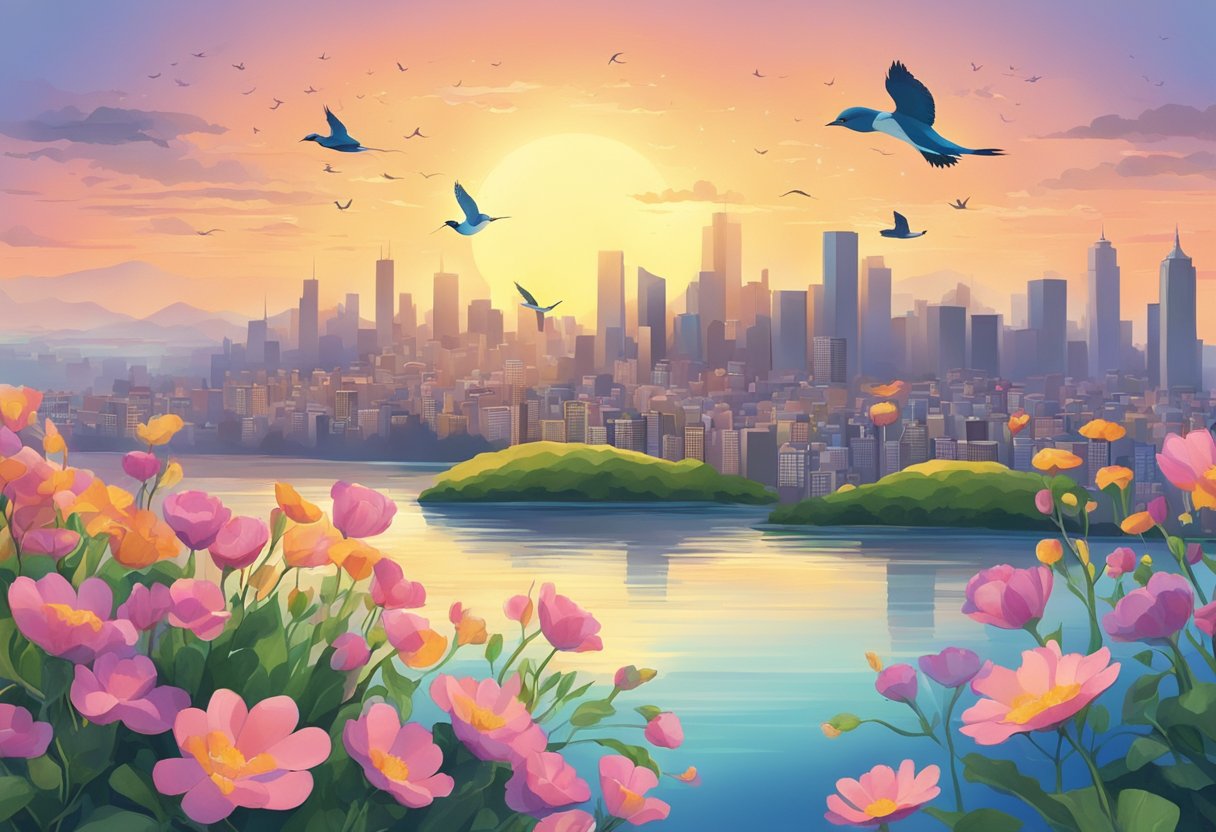 A sunrise over a city skyline, with birds flying and flowers blooming, symbolizing rebirth and renewal