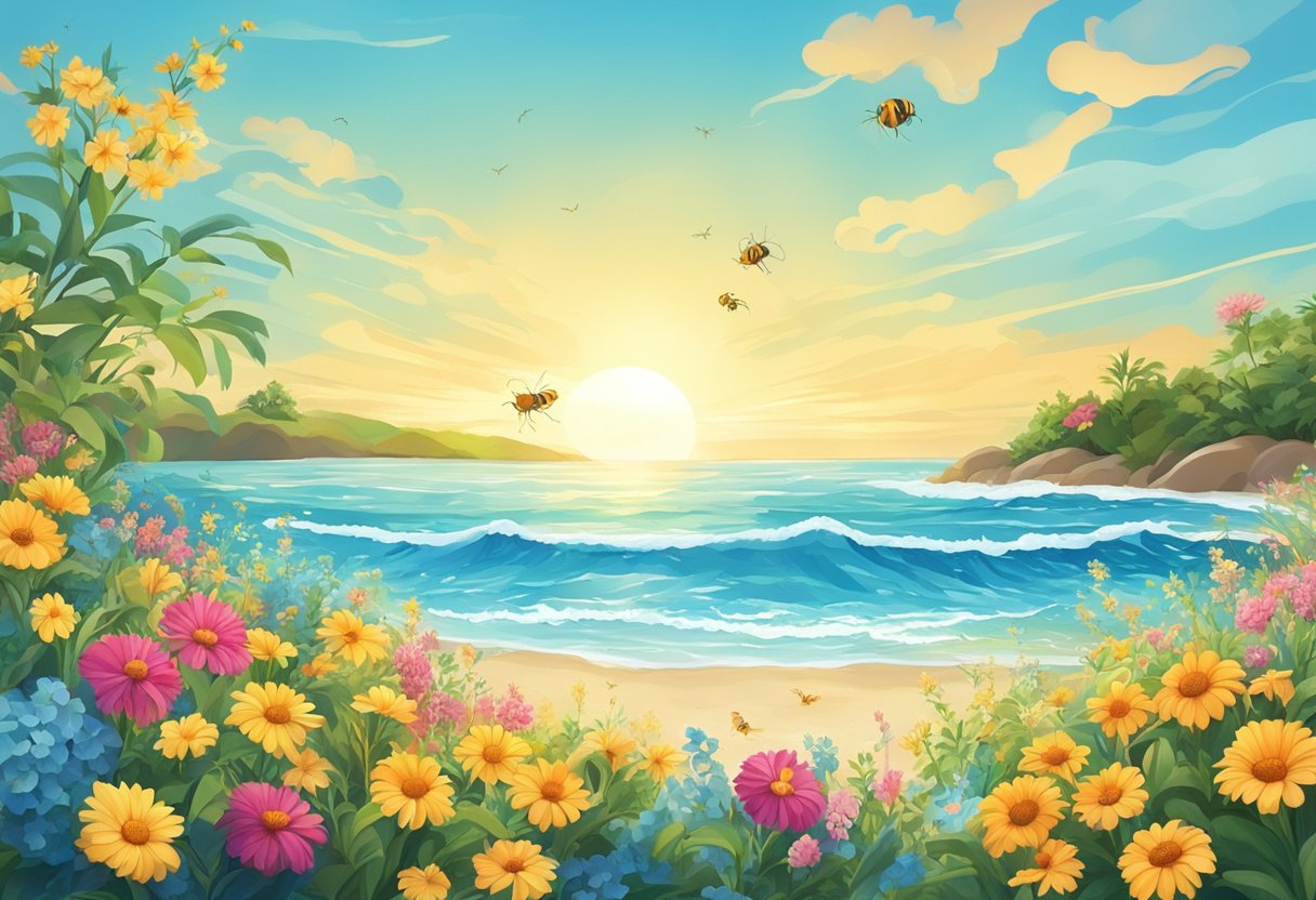 A sunlit beach with vibrant flowers, buzzing insects, and rippling waves under a clear blue sky