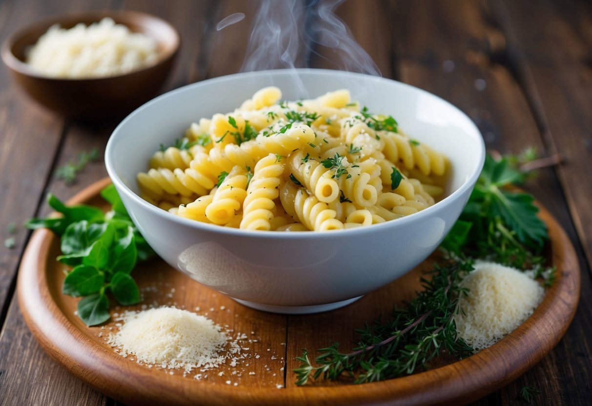 A bowl of gluten-free pastina sits steaming on a wooden table, surrounded by fresh herbs and a sprinkle of parmesan cheese