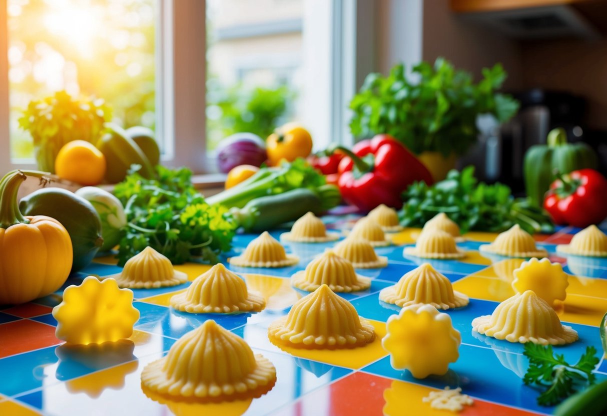 A colorful kitchen counter with various gluten-free pastina shapes scattered around, surrounded by fresh vegetables and herbs. Sunlight streams through the window, casting a warm glow on the scene