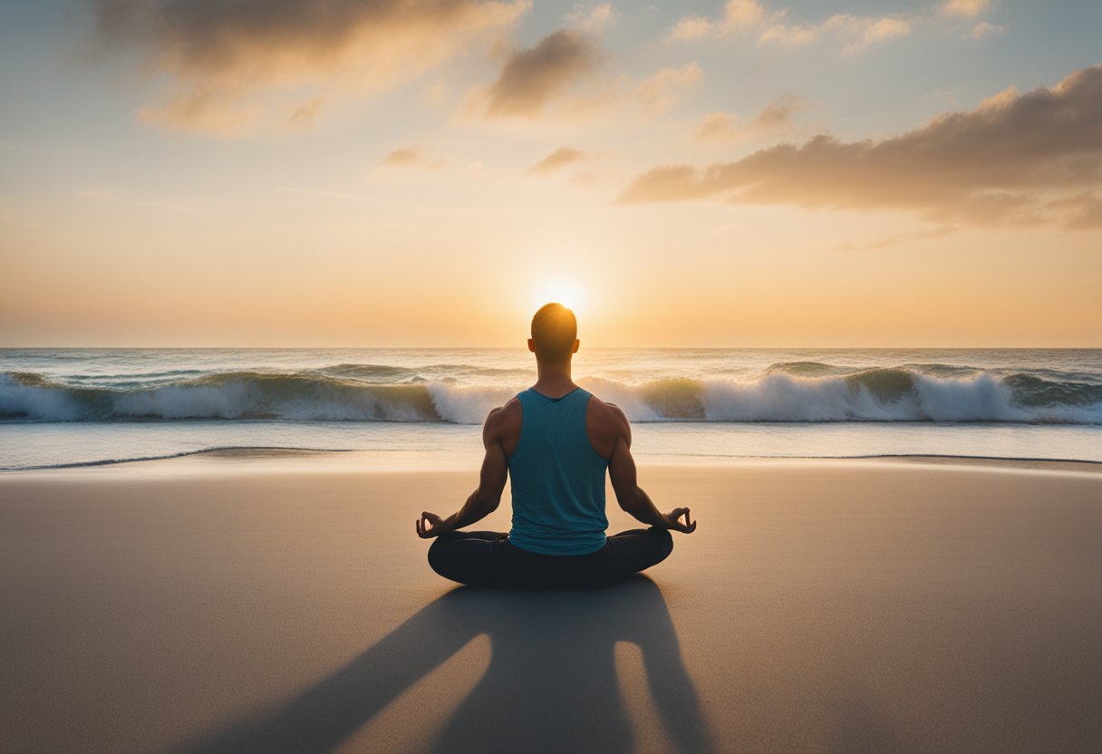A man practices yoga on a beach at sunrise, surrounded by serene nature and the sound of crashing waves, embracing the concept of physical and mental wellbeing