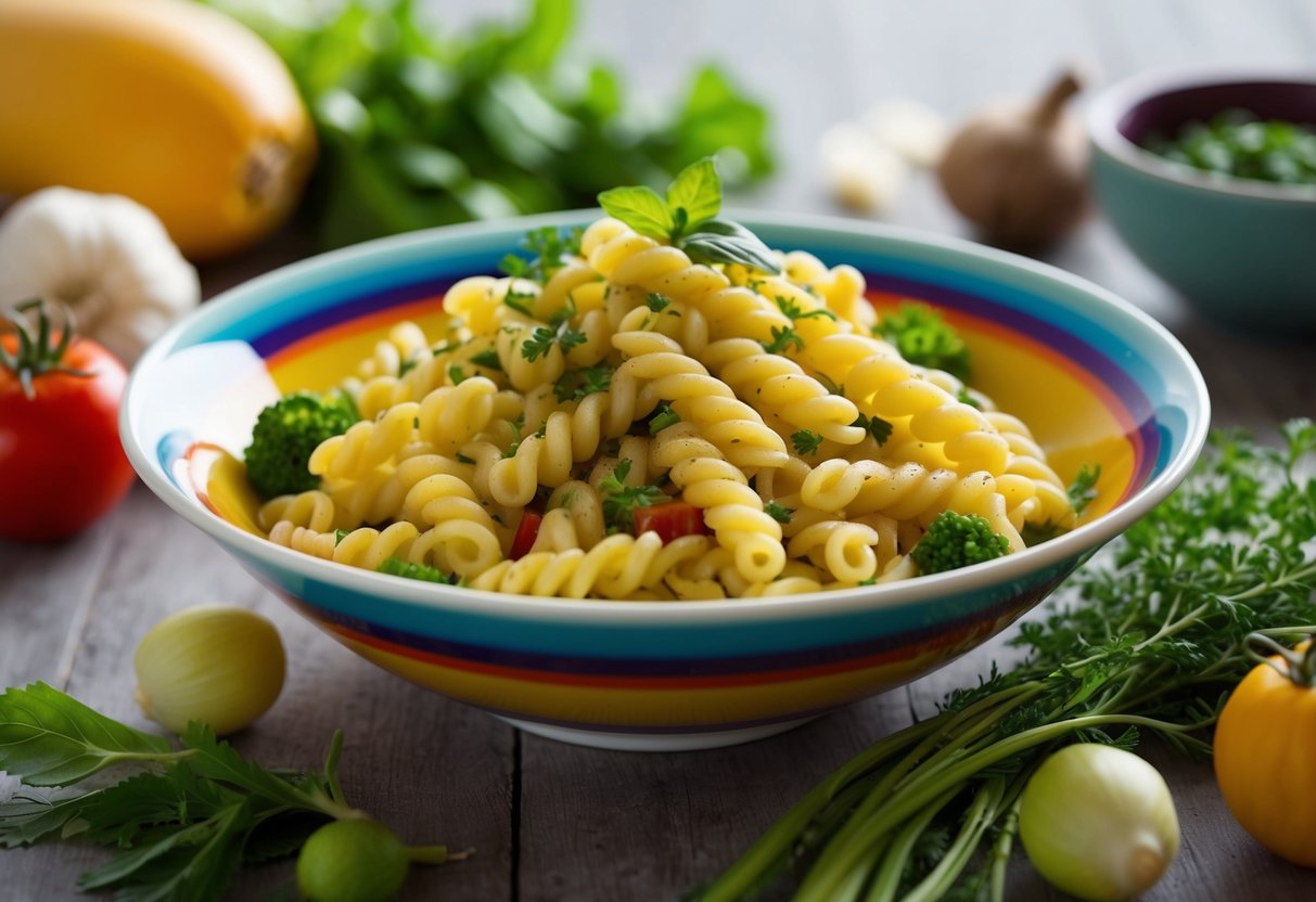 A colorful bowl of gluten-free pastina surrounded by fresh vegetables and herbs, with a serene and inviting atmosphere