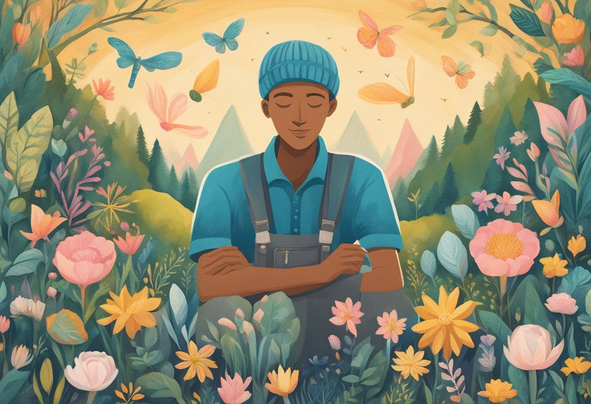 A man with a cancer ribbon symbol is surrounded by art supplies and nature, symbolizing his journey of nurturing creativity