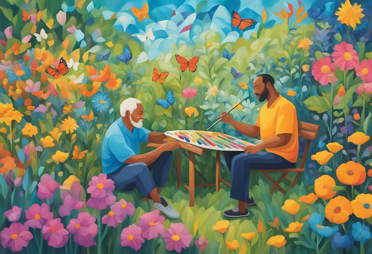 A man sits in a garden, surrounded by colorful flowers and butterflies. He is painting a vibrant, abstract canvas, expressing his emotions and nurturing his creativity as a cancer survivor