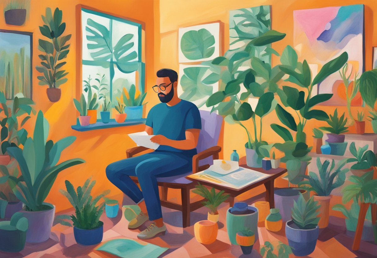 A man sits in a cozy room, surrounded by plants and art supplies. He paints a vibrant, abstract piece, symbolizing his journey through cancer treatment and healthcare