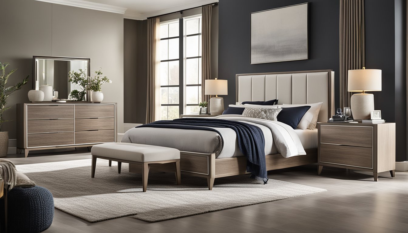 A modern king bedroom furniture set displayed in a spacious showroom with sleek lines and minimalist design. A cozy, inviting atmosphere with soft lighting and neutral tones