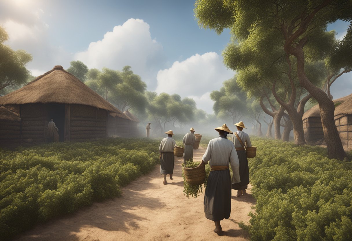 A historical scene of black pepper harvesting with a backdrop of ancient spice trade routes, showcasing the benefits of black pepper essential oil in aromatherapy and traditional medicine